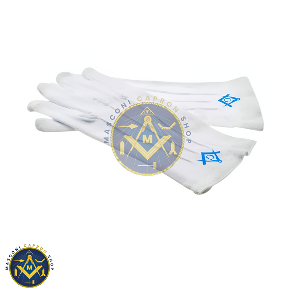 One Size Mens Plain White Cotton Gloves with Light Blue Masonic Design (With G/Without G)