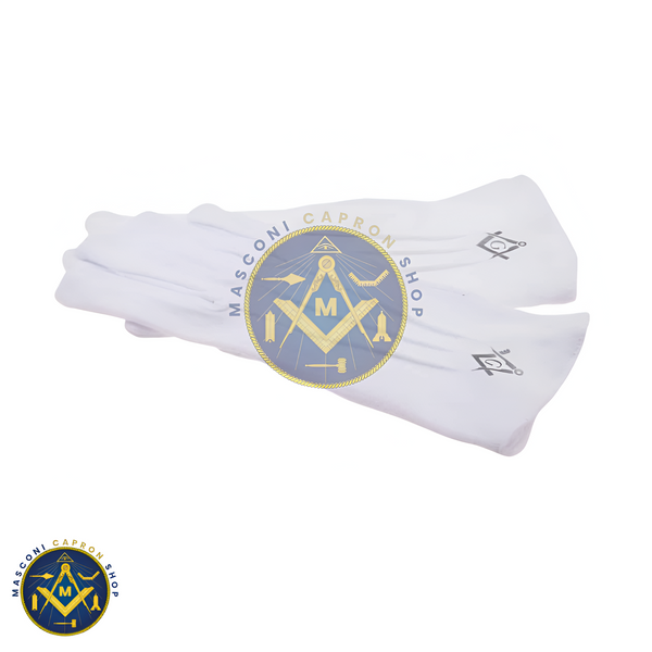 One Size Mens Plain White Cotton Gloves with Silver Masonic Design (With G/Without G)