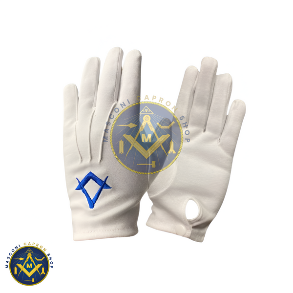 White Masonic Gloves With Navy Blue Square & Compass