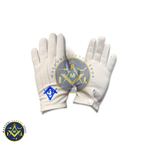 Masonic White 100% Cotton Gloves with Royal Blue Square & Compass and letter “G” Embroidery