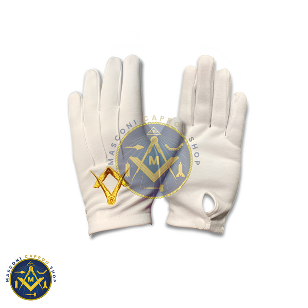 Masonic White 100% Cotton Gloves with Golden Square & Compass Embroidery