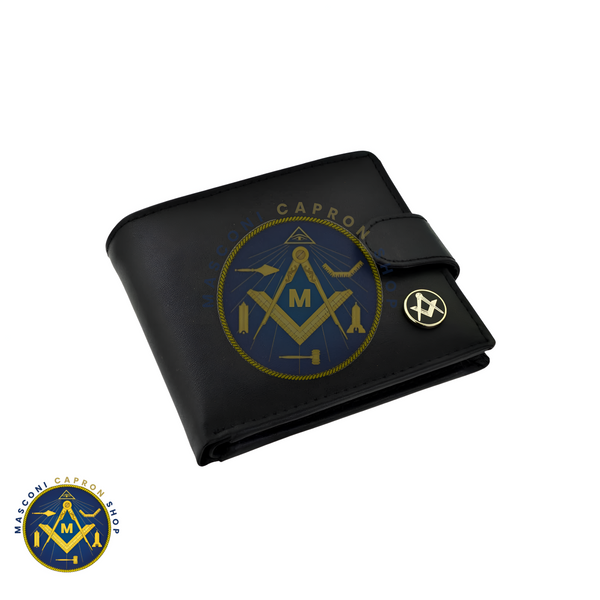 Black Leather Wallet with Black Masonic Coin Design (Gold With G/Without G)