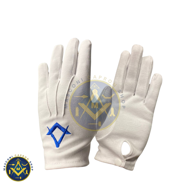 White Masonic Gloves With Navy Blue Square & Compass